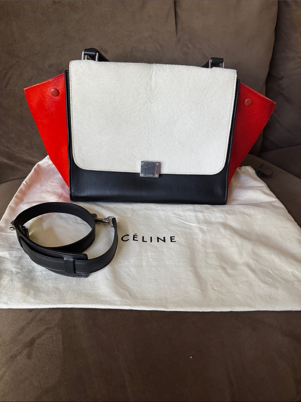 Celine Tricolor Leather Medium and Haircalf Trapeze Shoulder Bag White/Black/Red